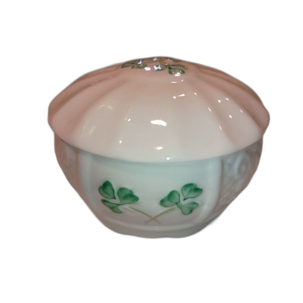 Belleek Ireland - Porcelain Round Shamrock Trinket Box with Celtic Pattern